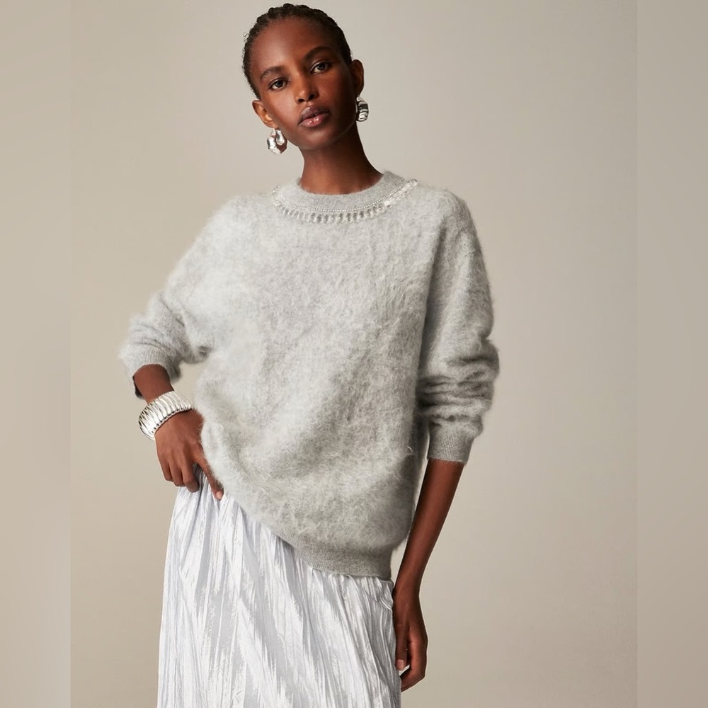 J. Crew Brushed Cashmere Relaxed Crewneck Sweater Gray Embellished Small NWT